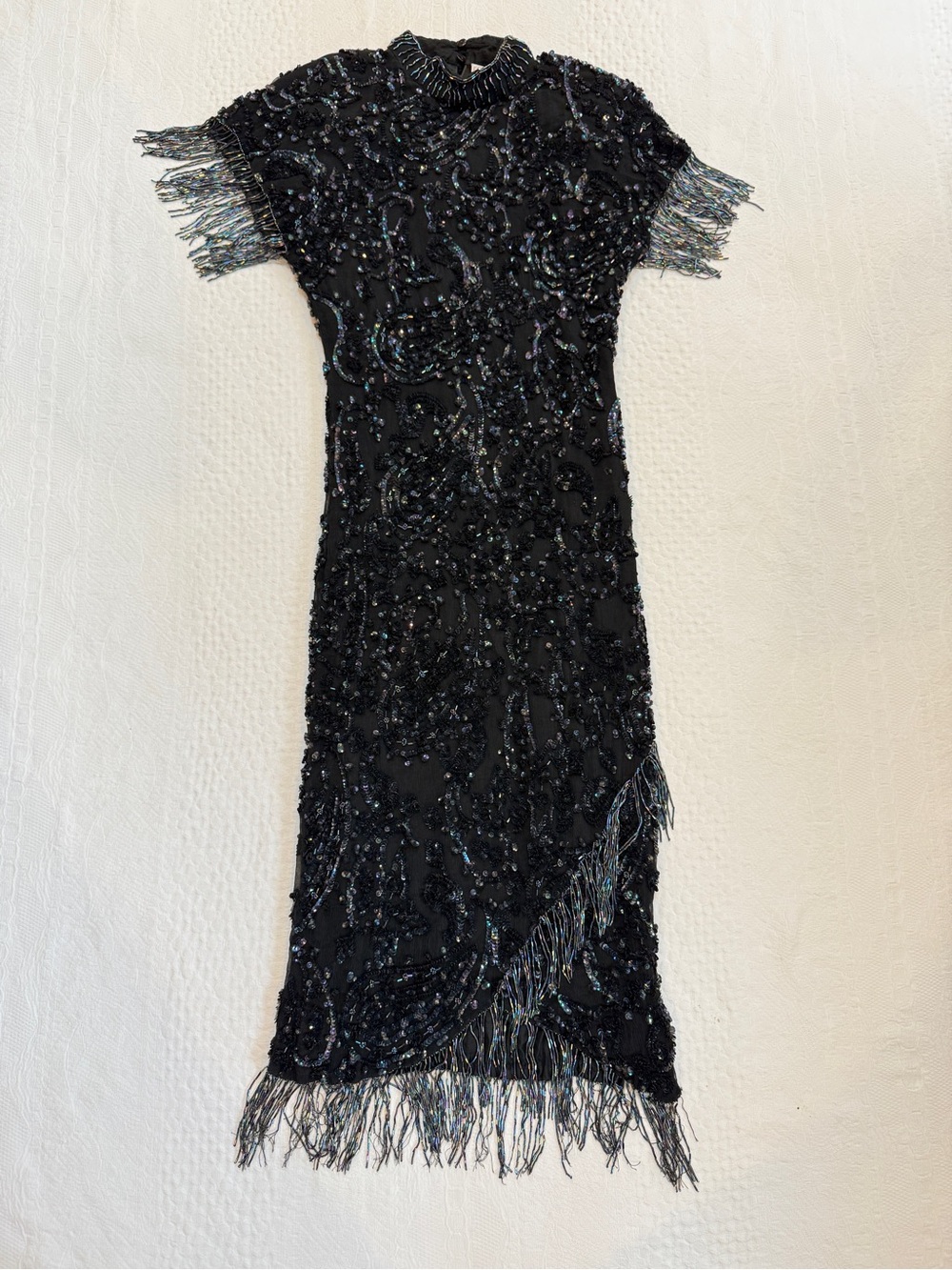 Vtg Courtenay Black Silk Beaded Sequin Fringe Flapper Cocktail Midi Dress M